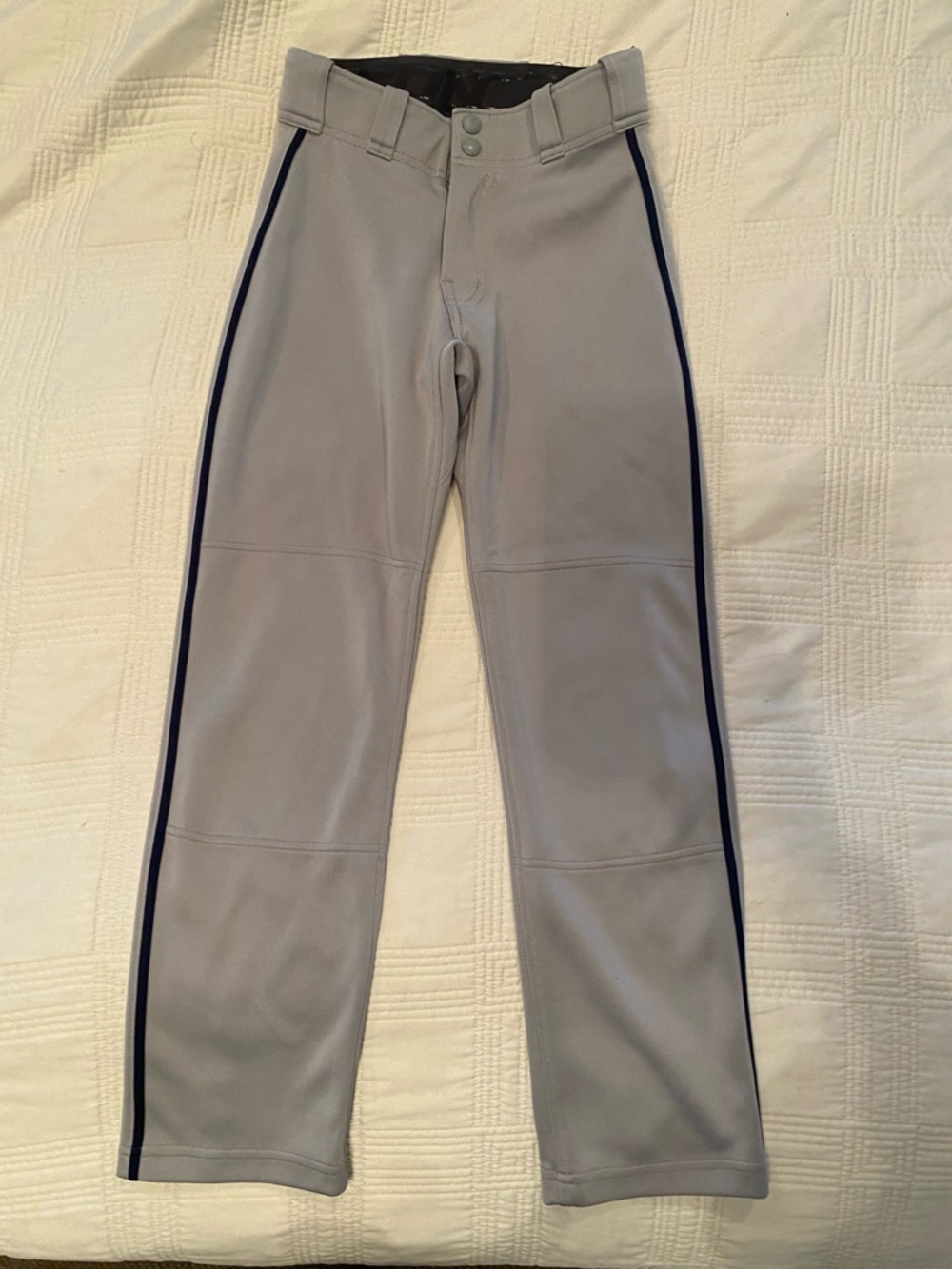 Easton Baseball Pants in Light Gray with Navy Side Stripe. Size Youth Medium